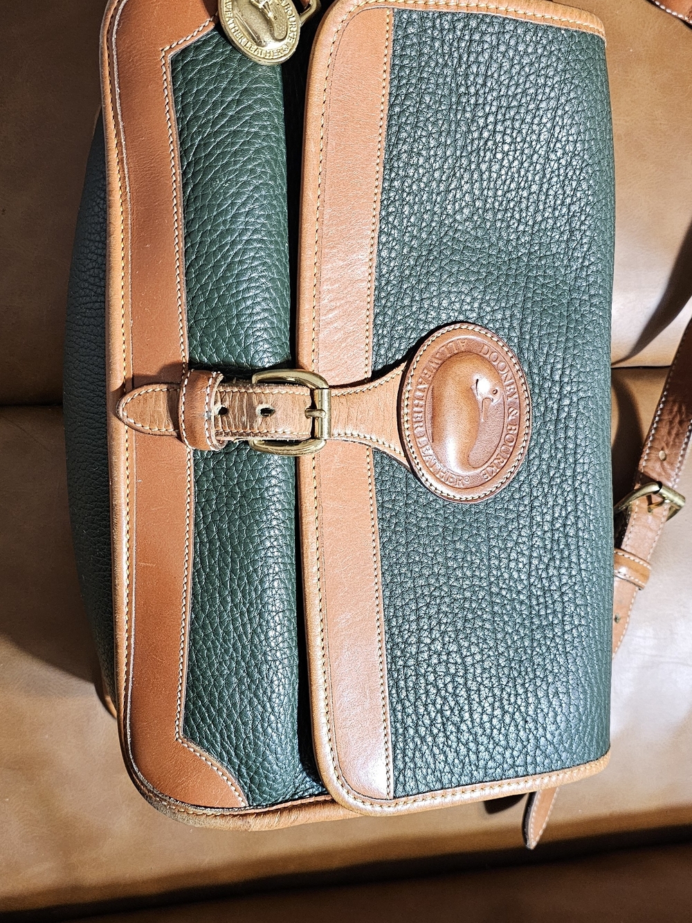 Vintage Dooney & Bourke All-Weather Leather Green & Tan Saddle Bag